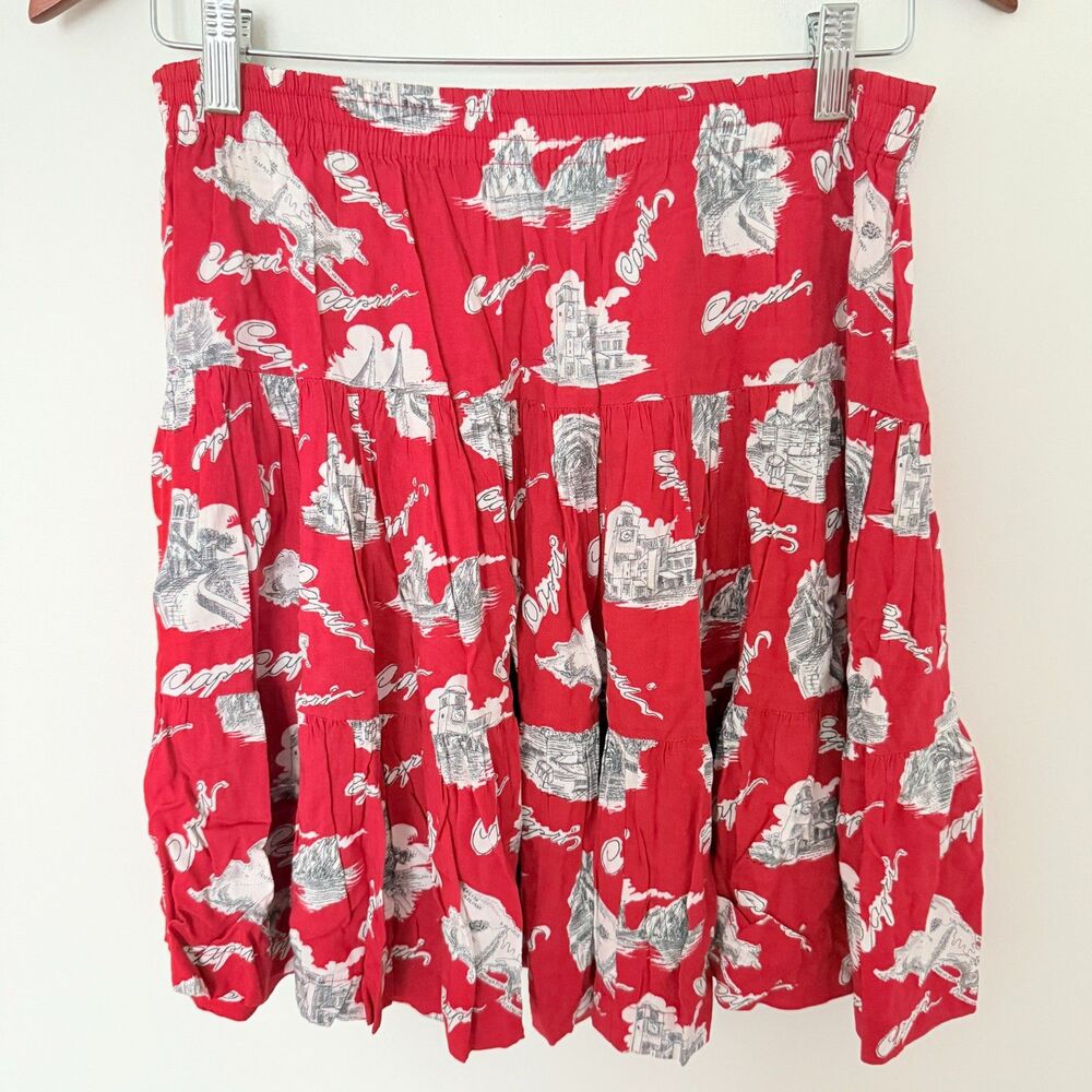 VTG Surya Red Tropical Print Elastic Waist Pull Up Mini Skirt Vacation Vibes M